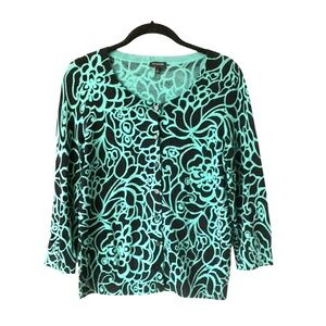 Talbots Geometric 3/4 Sleeve Cotton Cardigan Sweater Black Mint Blue Size Small